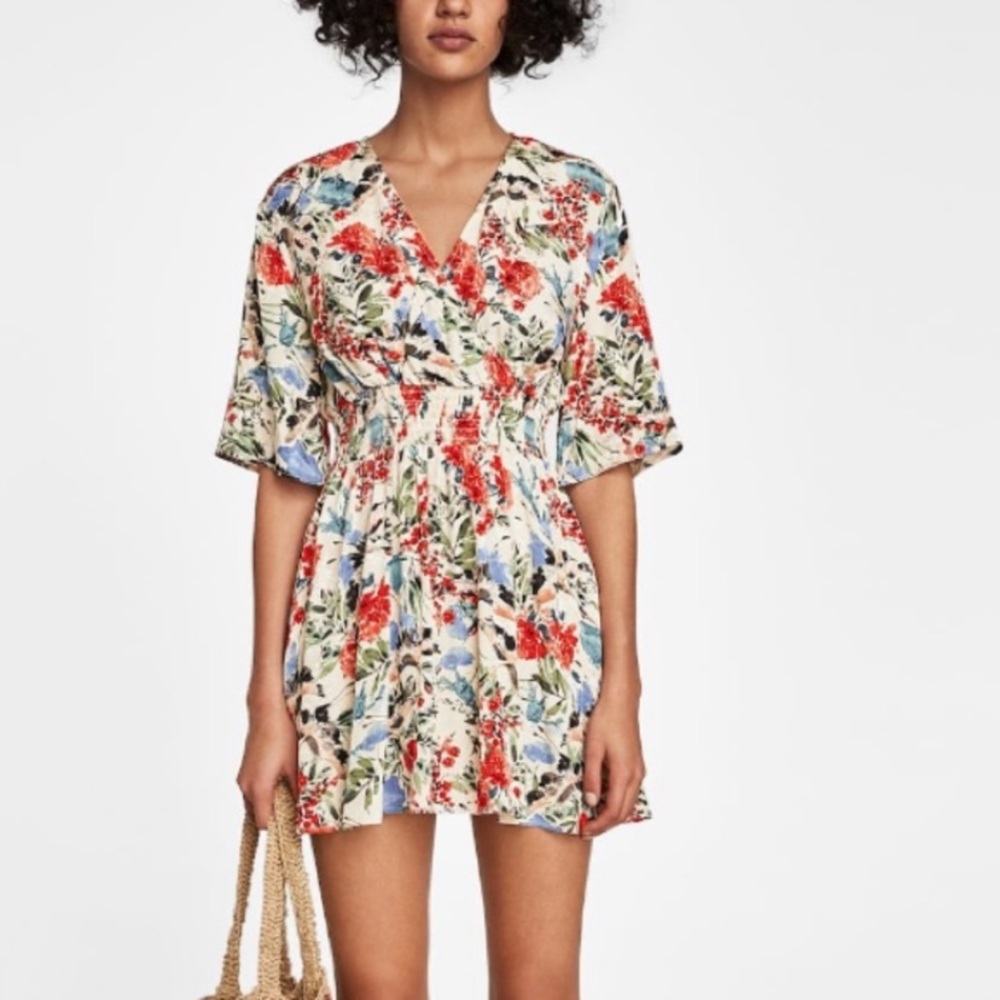 NWOT Zara Basic Floral V neck cross over mini dress
